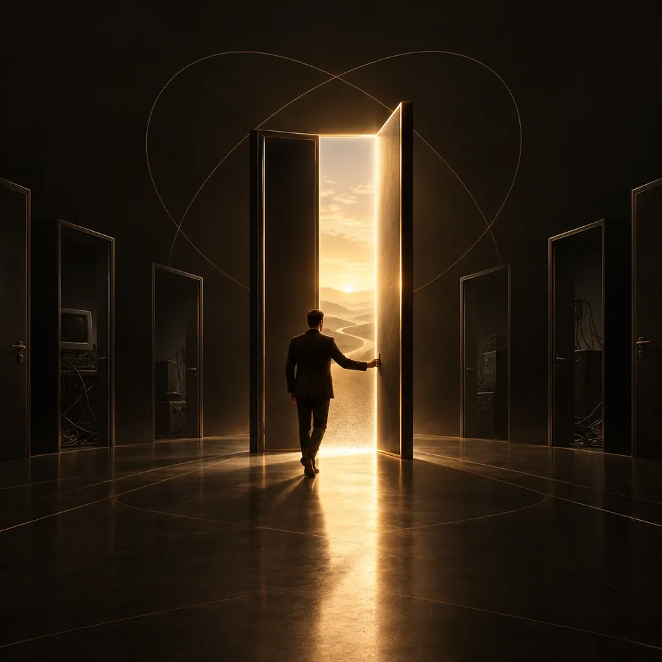 A person opening a glowing door to a new horizon